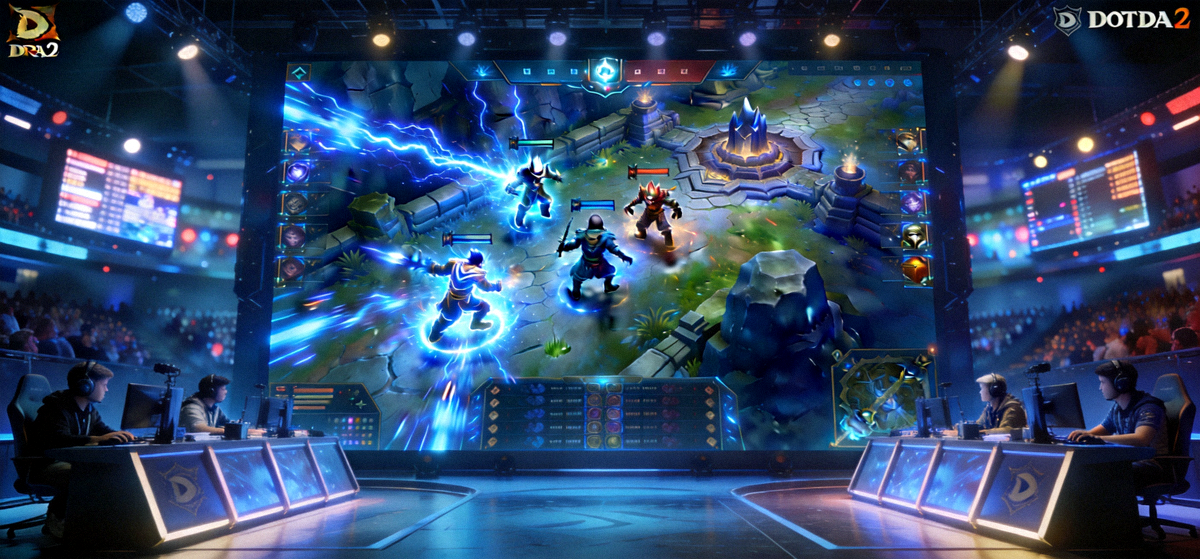 DOTA2职业联赛直播间全景画面，天辉与夜魇双方在肉山巢穴附近展开五人团战，赛场大屏渲染出霓虹蓝色技能光效