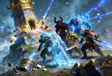 赛后复盘配图，DOTA2天辉方五人抱团推上高地，防御塔在技能光效中倒塌